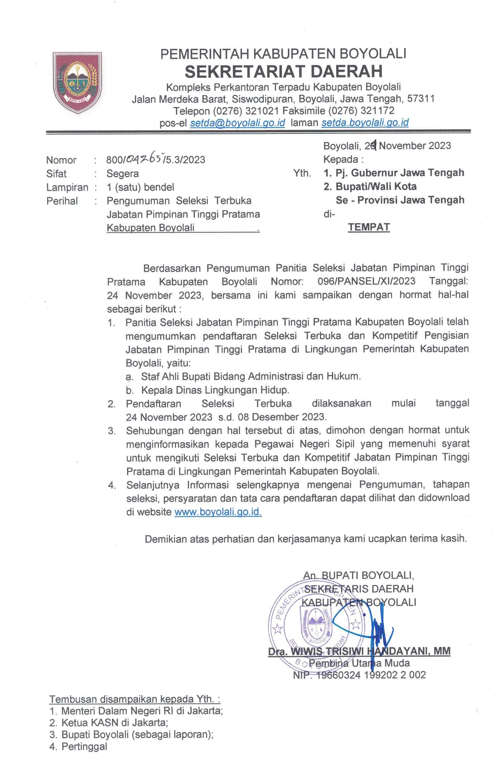 Pengumuman seleksi terbuka JPT Pratama Kabupaten Boyolali Tahun 2023